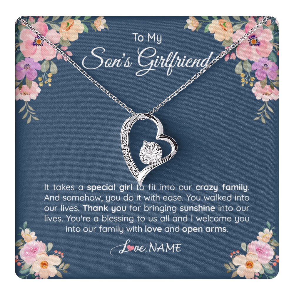 Forever Love Necklace 14K White Gold Finish | 1 | Personalized To My Son's Girlfriend Necklace From Mom It Takes A Special Girlfriend Birthday Wedding Valentines Day Christmas Customized Gift Box Message Card | siriusteestore