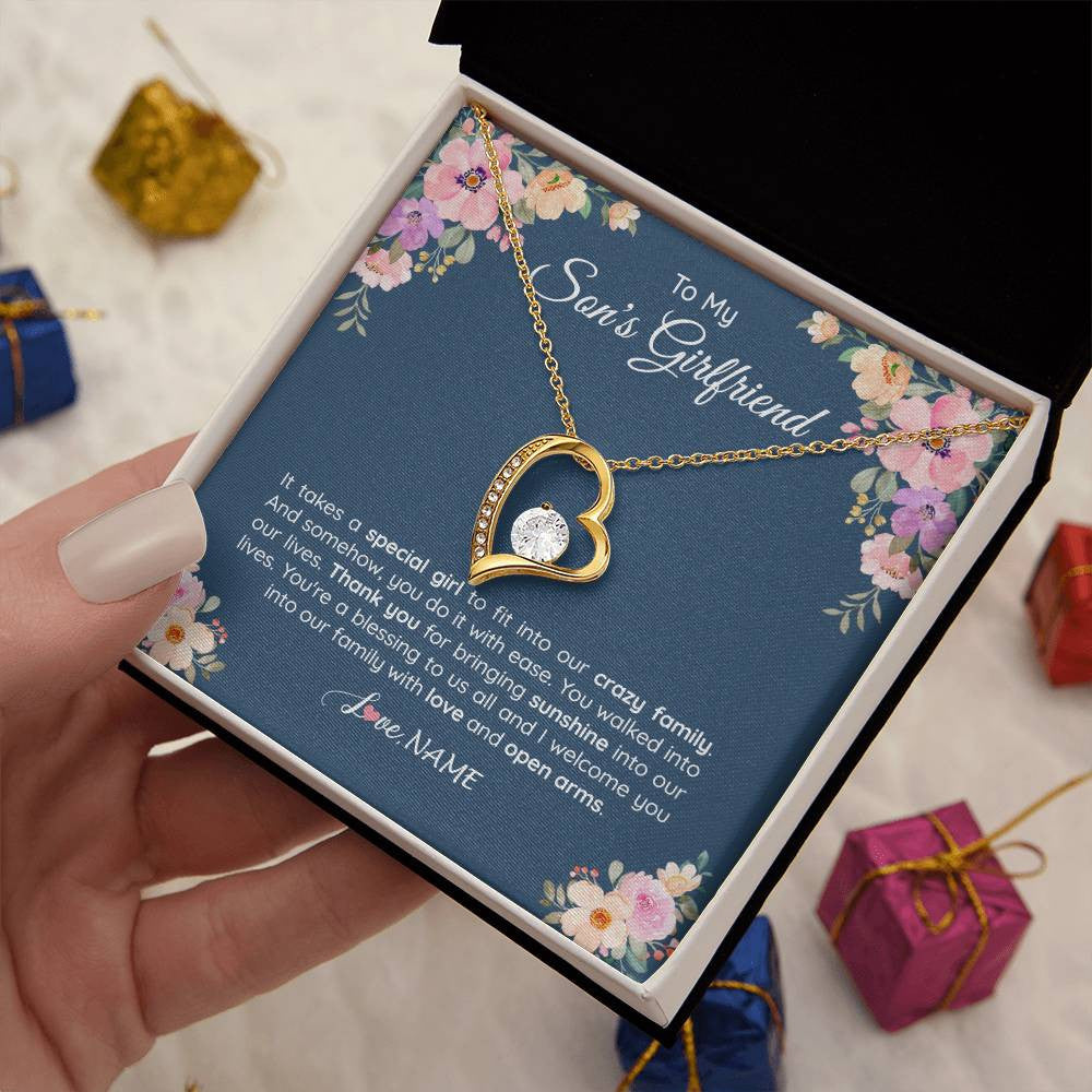 Forever Love Necklace 18K Yellow Gold Finish | 2 | Personalized To My Son's Girlfriend Necklace From Mom It Takes A Special Girlfriend Birthday Wedding Valentines Day Christmas Customized Gift Box Message Card | siriusteestore