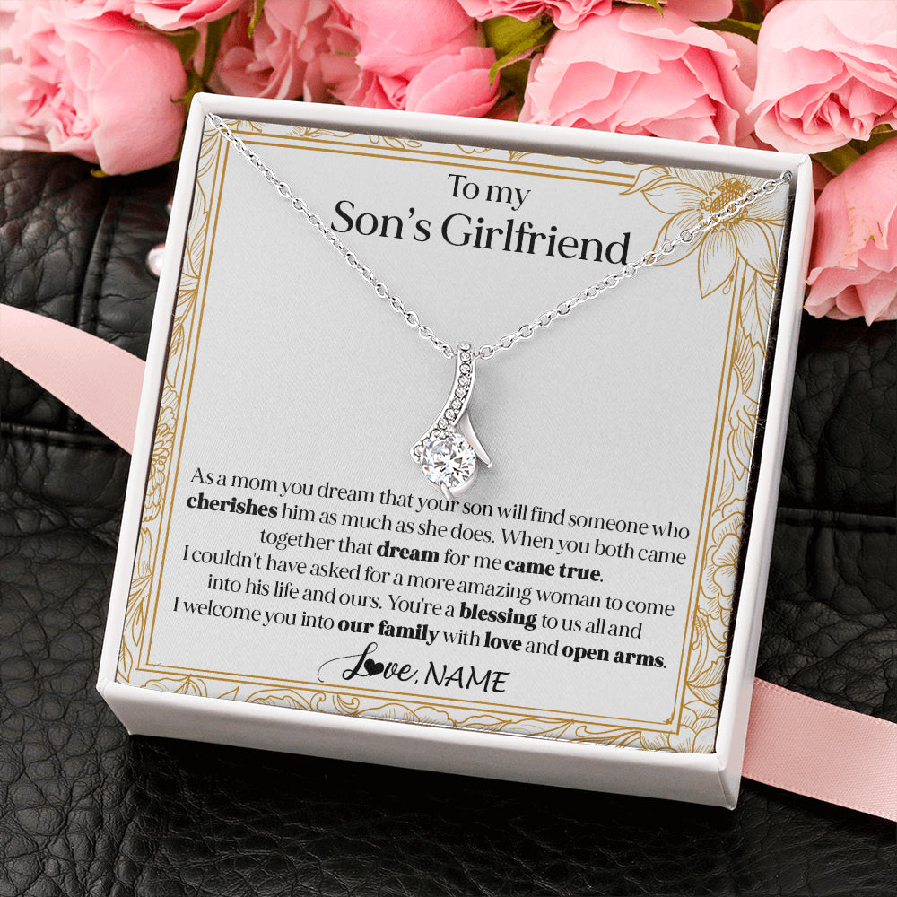 Alluring Beauty Necklace 14K White Gold Finish | 2 | Personalized To My Son's Girlfriend Necklace I Welcome You Future Daughter In Law Birthday Special Gift Christmas Jewelry Customized Gift Box Message Card | siriusteestore