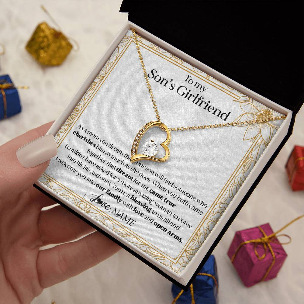 Forever Love Necklace 18K Yellow Gold Finish | 2 | Personalized To My Son's Girlfriend Necklace I Welcome You Future Daughter In Law Birthday Special Gift Christmas Jewelry Customized Gift Box Message Card | siriusteestore