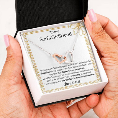Interlocking Hearts Necklace Stainless Steel & Rose Gold Finish | 2 | Personalized To My Son's Girlfriend Necklace I Welcome You Future Daughter In Law Birthday Special Gift Christmas Jewelry Customized Gift Box Message Card | siriusteestore