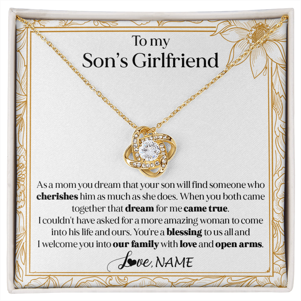 Love Knot Necklace 18K Yellow Gold Finish | 1 | Personalized To My Son's Girlfriend Necklace I Welcome You Future Daughter In Law Birthday Special Gift Christmas Jewelry Customized Gift Box Message Card | siriusteestore