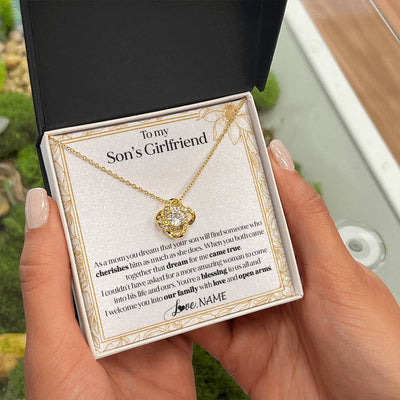 Love Knot Necklace 18K Yellow Gold Finish | 2 | Personalized To My Son's Girlfriend Necklace I Welcome You Future Daughter In Law Birthday Special Gift Christmas Jewelry Customized Gift Box Message Card | siriusteestore