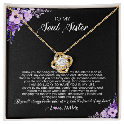 Love Knot Necklace 18K Yellow Gold Finish | Personalized To My Soul Sister Necklace from Sister The Friend Of My Heart Sister Jewelry Birthday Graduation Christmas Customized Gift Box Message Card | siriusteestore