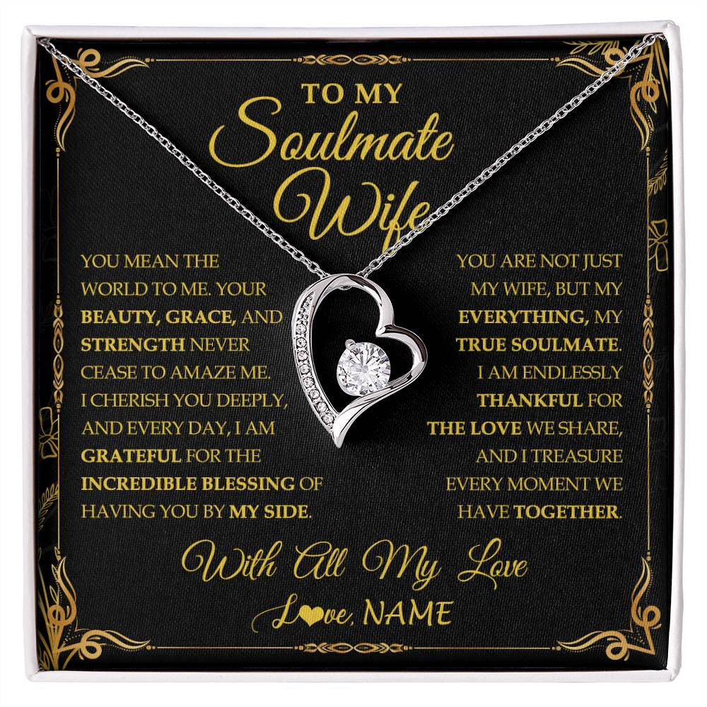 Forever Love Necklace 14K White Gold Finish | 1 | Personalized To My Soulmate Wife Necklace My Heart Wife Jewelry Romantic Birthday Gifst Anniversary Wedding Day Christmas Customized Gift Box Message Card | siriusteestore