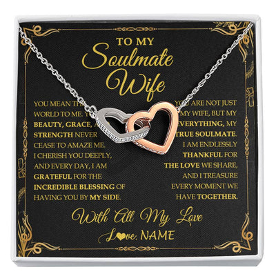 Interlocking Hearts Necklace Stainless Steel & Rose Gold Finish | 1 | Personalized To My Soulmate Wife Necklace My Heart Wife Jewelry Romantic Birthday Gifst Anniversary Wedding Day Christmas Customized Gift Box Message Card | siriusteestore