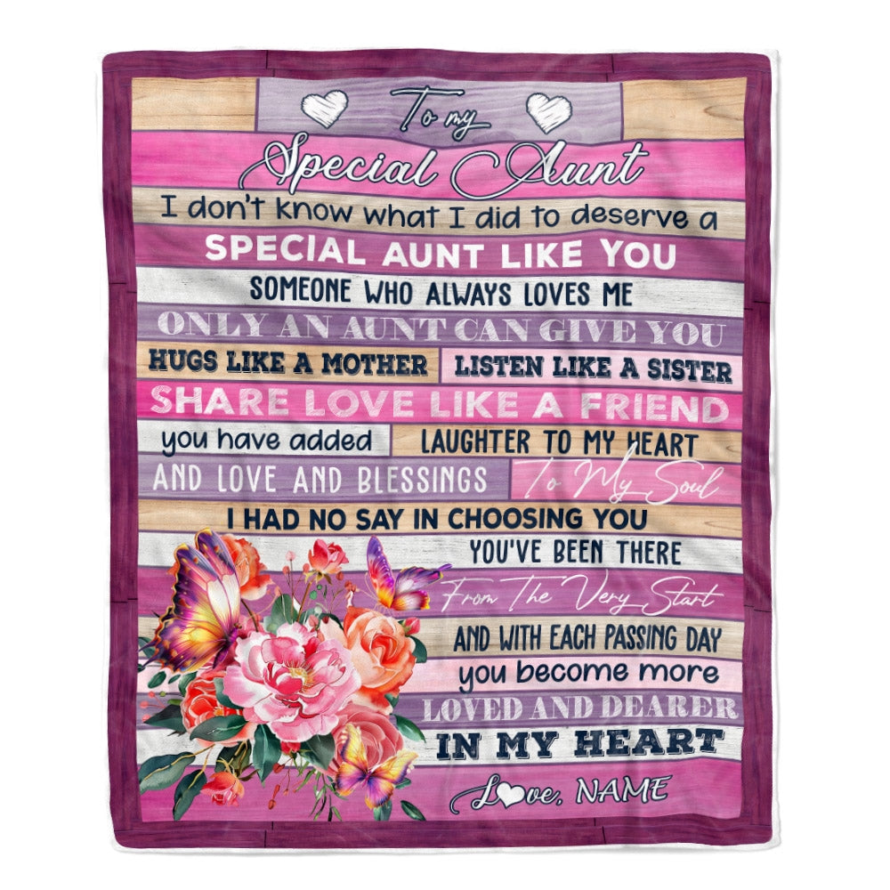 Personalized To My Special Aunt Blanket From Niece Nephew Flower Butterfly Special Aunt Like A Friend Aunt Birthday Christmas Customized Fleece Throw Blanket | siriusteestore