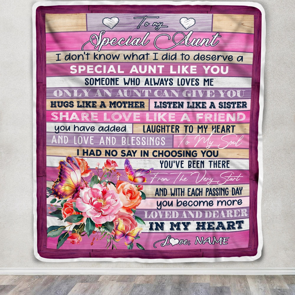 Personalized To My Special Aunt Blanket From Niece Nephew Flower Butterfly Special Aunt Like A Friend Aunt Birthday Christmas Customized Fleece Throw Blanket | siriusteestore