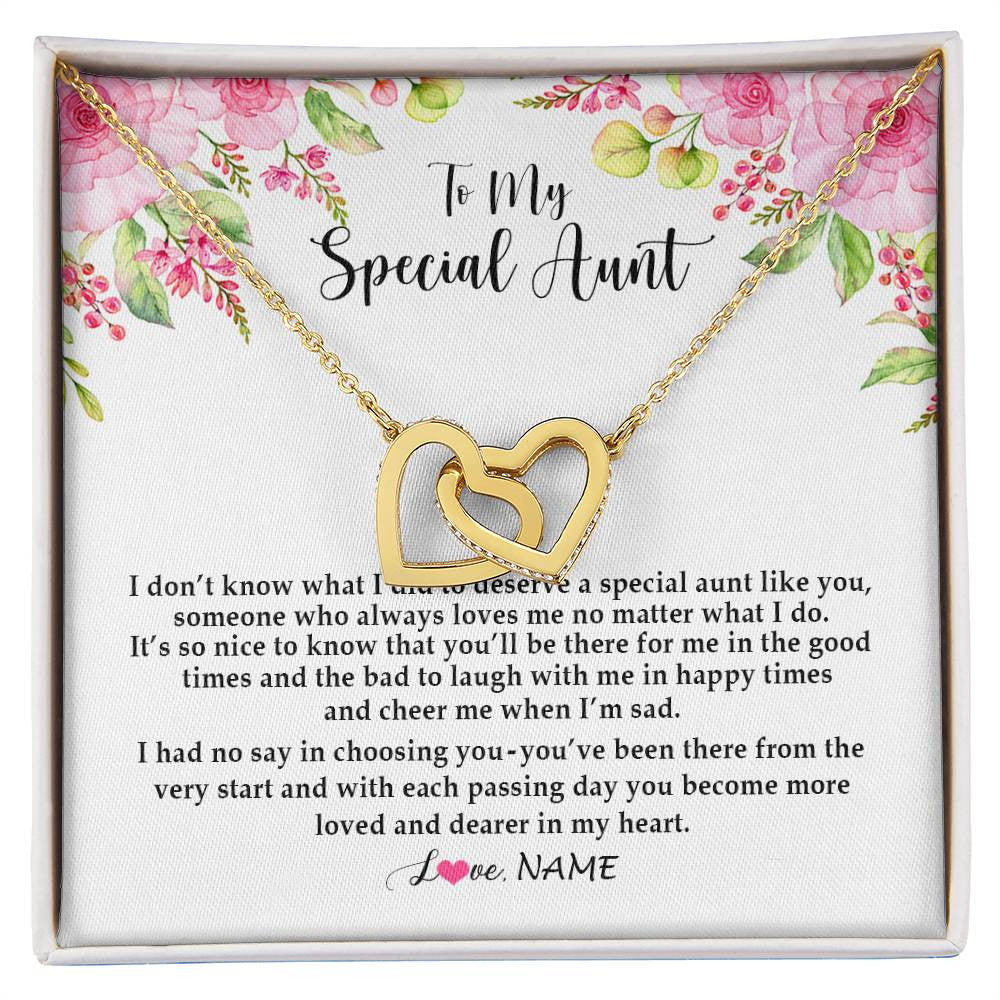 Interlocking Hearts Necklace 18K Yellow Gold Finish | Personalized To My Special Aunt Necklace From Niece Nephew Deserve A Special Aunt Pendant Birthday Monthers Day Christmas Customized Gift Box Message Card | siriusteestore
