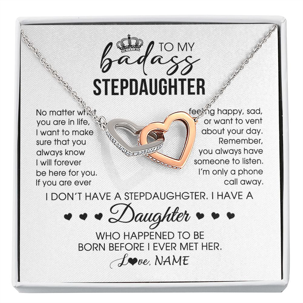 Interlocking Hearts Necklace | Personalized To My Stepdaughter Necklace From Stepfather Stepdad Be Here For You Bonus Daughter Birthday Graduation Christmas Customized Gift Box Message Card | siriusteestore