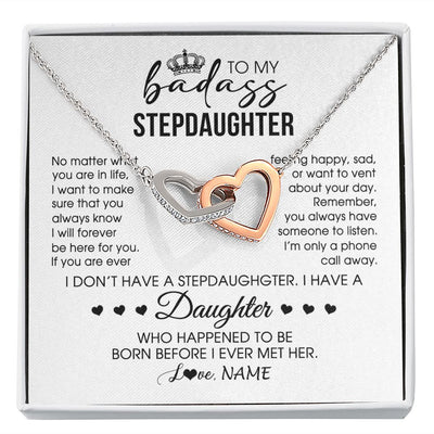 Interlocking Hearts Necklace | Personalized To My Stepdaughter Necklace From Stepfather Stepdad Be Here For You Bonus Daughter Birthday Graduation Christmas Customized Gift Box Message Card | siriusteestore