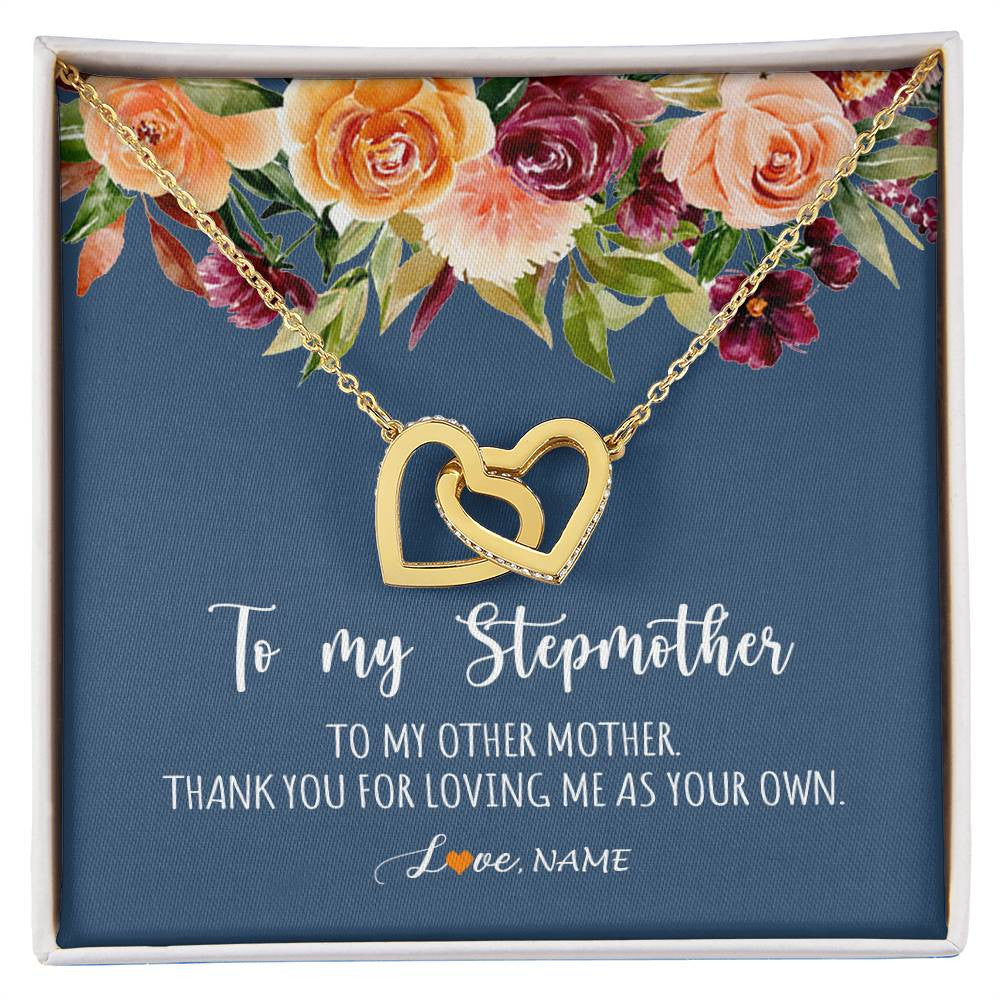 Interlocking Hearts Necklace 18K Yellow Gold Finish | Personalized To My Stepmother Necklace Thank You For Loveing Me As Your Own Bonus Mom Stepmom Birthday Mothers Day Christmas Customized Gift Box Message Card | siriusteestore