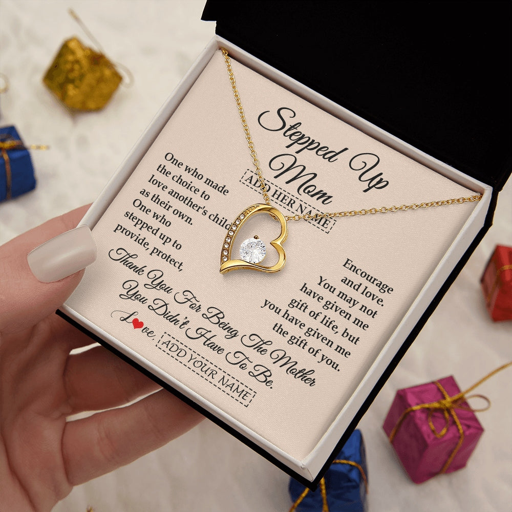 Forever Love Necklace 18K Yellow Gold Finish | 2 | Personalized To My Stepped Up Mom Necklace From Stepdaughter Stepson Thank You For Being The Mother Bonus Mom Gifts Birthday Mothers Day Gift Box Message Card | https://siriusteestore.