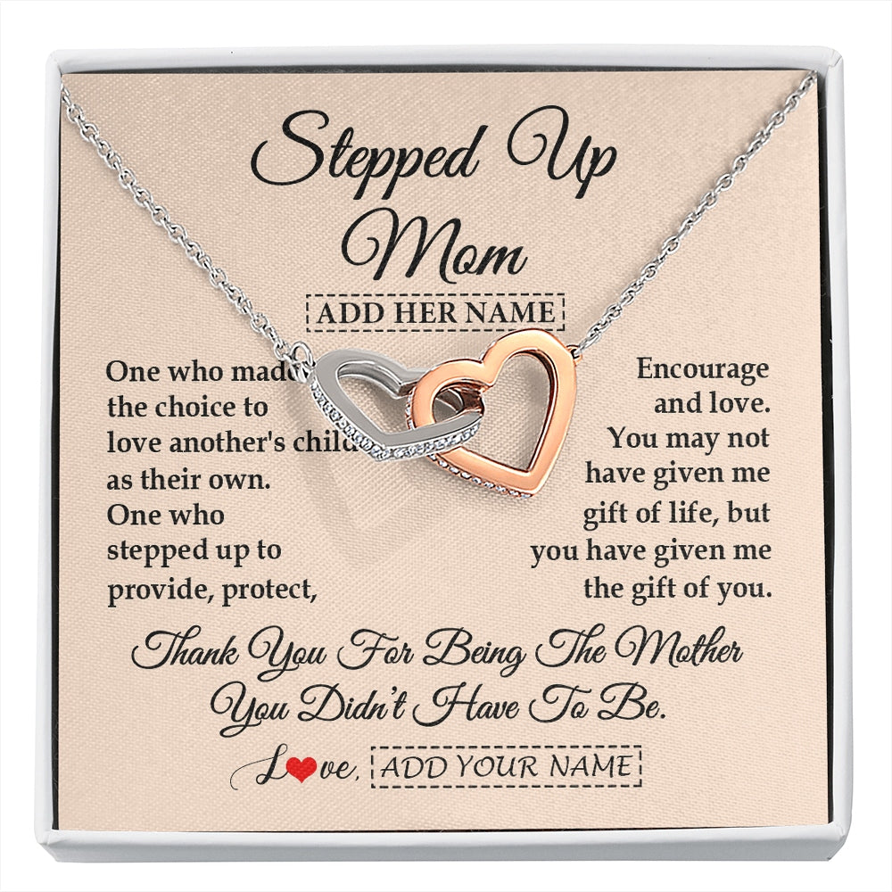 Interlocking Hearts Necklace Stainless Steel & Rose Gold Finish | 1 | Personalized To My Stepped Up Mom Necklace From Stepdaughter Stepson Thank You For Being The Mother Bonus Mom Gifts Birthday Mothers Day Gift Box Message Card | https://siriusteestore.