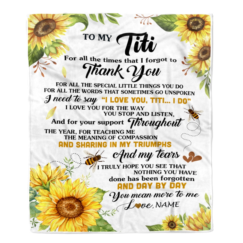 Personalized To My Titi Blanket From Niece Nephew Sunflower Thank You I Love You Titi Birthday Mothers Day Christmas Customized Gift Fleece Blanket | siriusteestore