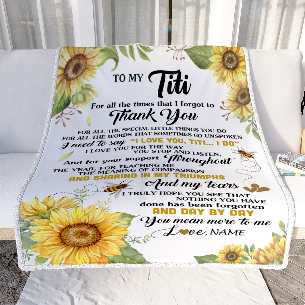 Personalized To My Titi Blanket From Niece Nephew Sunflower Thank You I Love You Titi Birthday Mothers Day Christmas Customized Gift Fleece Blanket | siriusteestore