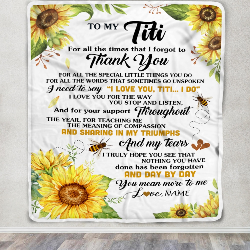 Personalized To My Titi Blanket From Niece Nephew Sunflower Thank You I Love You Titi Birthday Mothers Day Christmas Customized Gift Fleece Blanket | siriusteestore