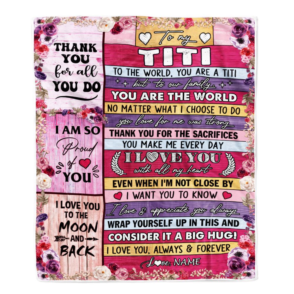 Personalized To My Titi Blanket From Niece Nephew Wood Floral Thank You I Love You Titi Birthday Mothers Day Christmas Customized Fleece Throw Blanket | siriusteestore