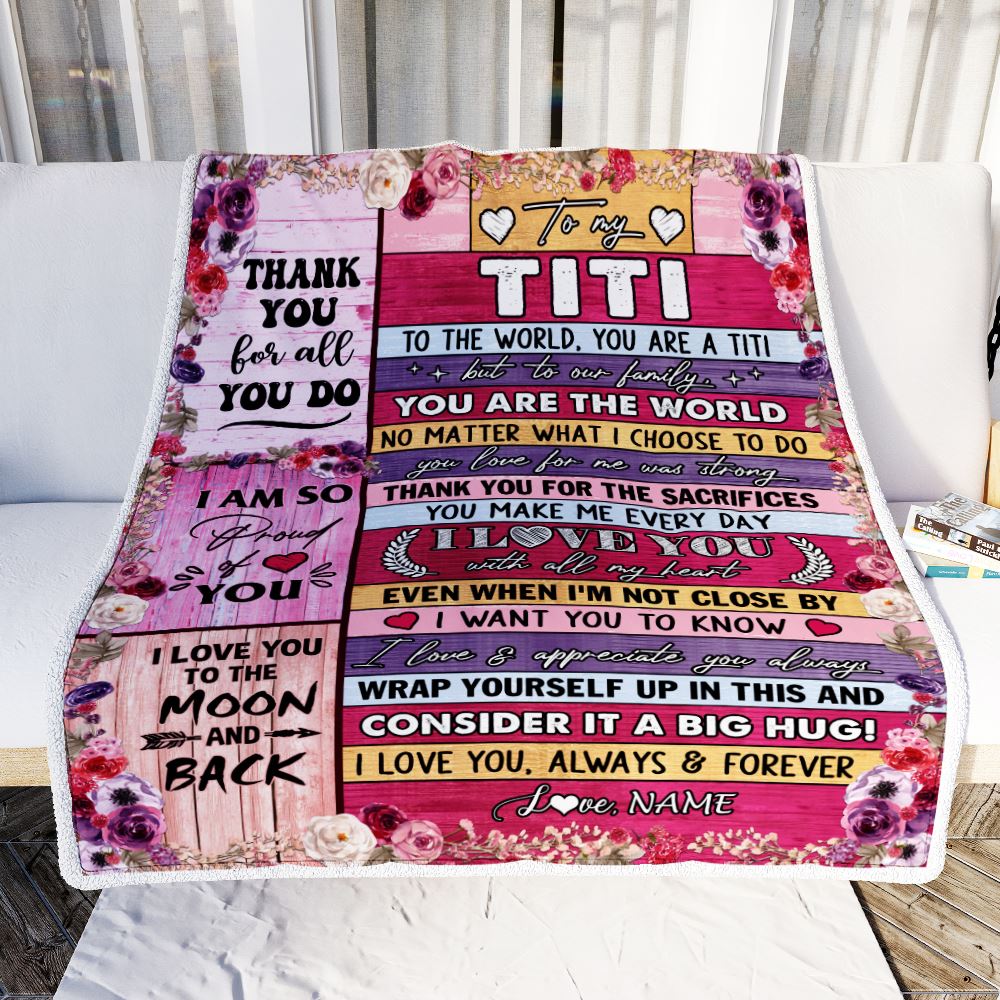 Personalized To My Titi Blanket From Niece Nephew Wood Floral Thank You I Love You Titi Birthday Mothers Day Christmas Customized Fleece Throw Blanket | siriusteestore