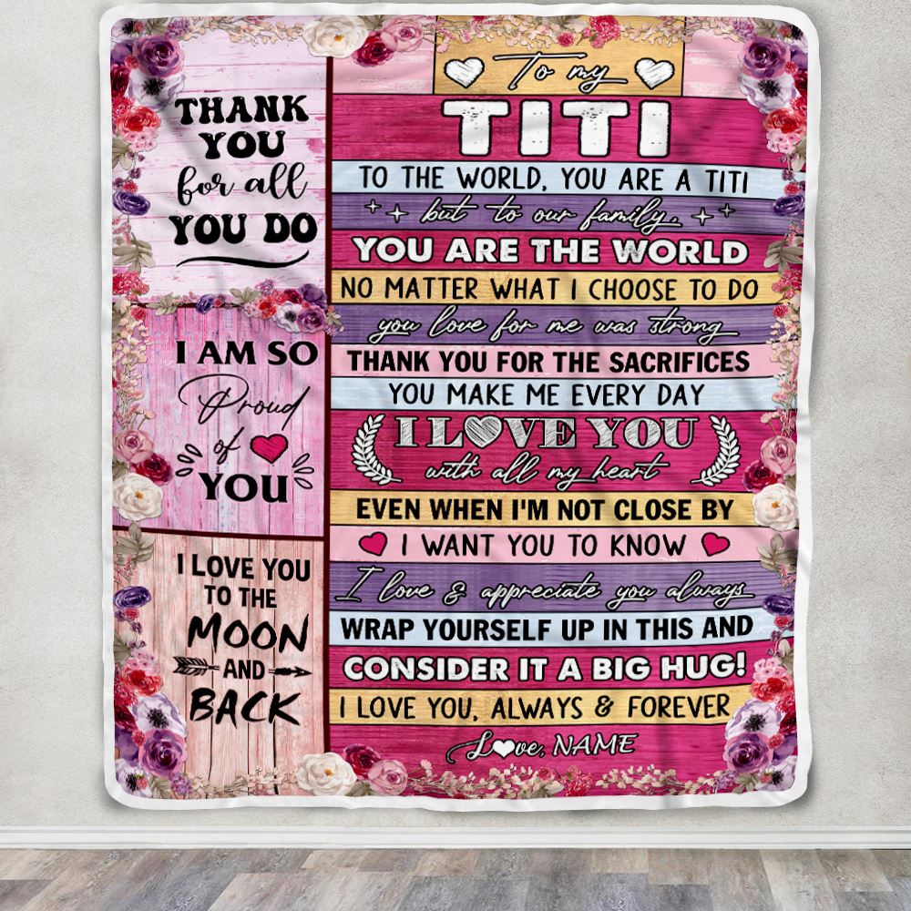 Personalized To My Titi Blanket From Niece Nephew Wood Floral Thank You I Love You Titi Birthday Mothers Day Christmas Customized Fleece Throw Blanket | siriusteestore
