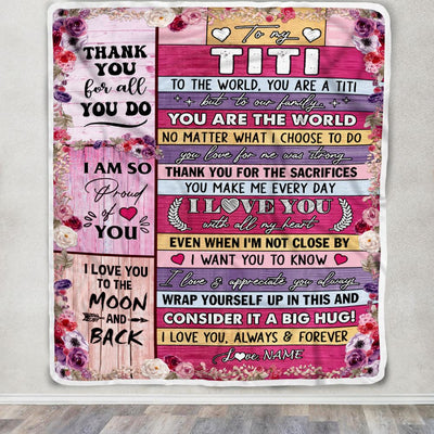 Personalized To My Titi Blanket From Niece Nephew Wood Floral Thank You I Love You Titi Birthday Mothers Day Christmas Customized Fleece Throw Blanket | siriusteestore
