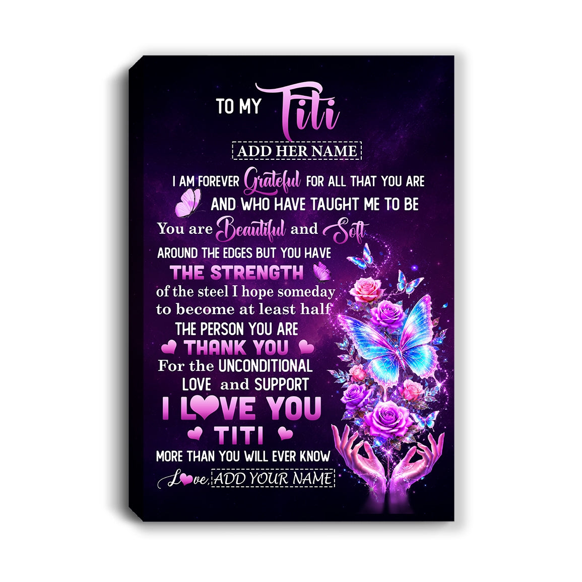 Personalized To My Titi Canvas From Niece Thank You For Love Butterfly Titi Birthday Gifts Mothers Day Thanksgiving Christmas Custom Wall Art Framed Canvas | siriusteestore