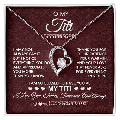 Forever Love Necklace 14K White Gold Finish | 1 | Personalized To My Titi Gifts From Niece Nephew Necklace Meaningful Jewelry Pendant Gifts For Titi Mothers Day Birthday Christmas Custom Gift Box Message Card | https://siriusteestore.