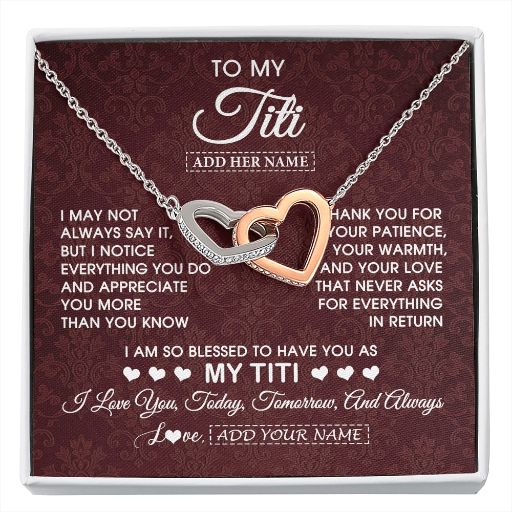 Interlocking Hearts Necklace Stainless Steel & Rose Gold Finish | 1 | Personalized To My Titi Gifts From Niece Nephew Necklace Meaningful Jewelry Pendant Gifts For Titi Mothers Day Birthday Christmas Custom Gift Box Message Card | https://siriusteestore.