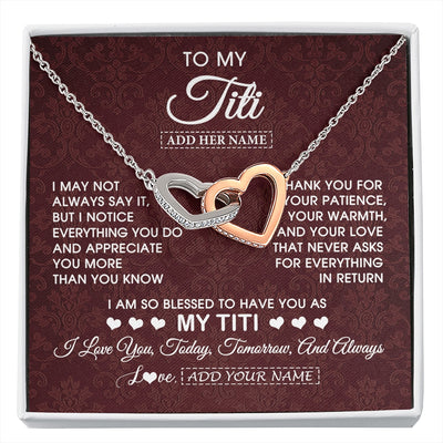 Interlocking Hearts Necklace Stainless Steel & Rose Gold Finish | 1 | Personalized To My Titi Gifts From Niece Nephew Necklace Meaningful Jewelry Pendant Gifts For Titi Mothers Day Birthday Christmas Custom Gift Box Message Card | https://siriusteestore.