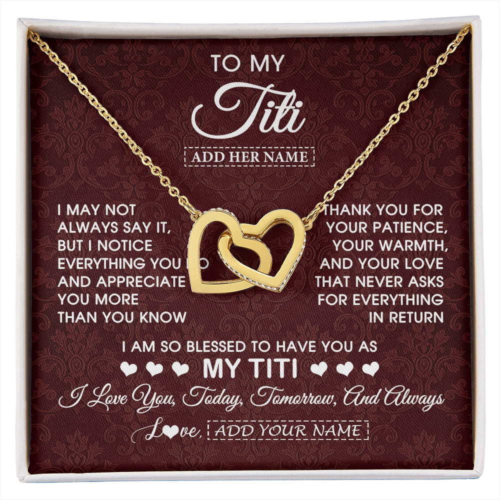 Interlocking Hearts Necklace 18K Yellow Gold Finish | 1 | Personalized To My Titi Gifts From Niece Nephew Necklace Meaningful Jewelry Pendant Gifts For Titi Mothers Day Birthday Christmas Custom Gift Box Message Card | https://siriusteestore.