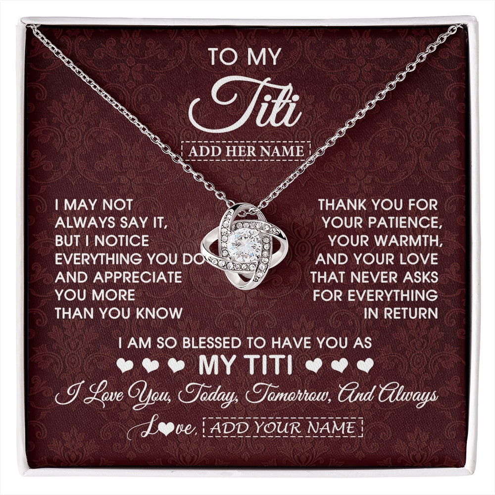 Love Knot Necklace 14K White Gold Finish | 1 | Personalized To My Titi Gifts From Niece Nephew Necklace Meaningful Jewelry Pendant Gifts For Titi Mothers Day Birthday Christmas Custom Gift Box Message Card | https://siriusteestore.