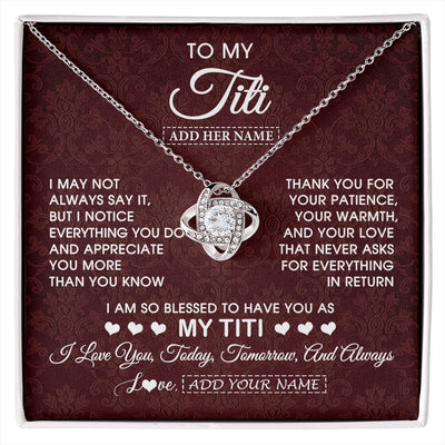 Love Knot Necklace 14K White Gold Finish | 1 | Personalized To My Titi Gifts From Niece Nephew Necklace Meaningful Jewelry Pendant Gifts For Titi Mothers Day Birthday Christmas Custom Gift Box Message Card | https://siriusteestore.
