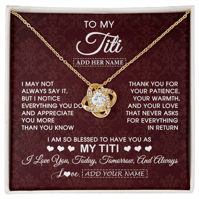 Love Knot Necklace 18K Yellow Gold Finish | 1 | Personalized To My Titi Gifts From Niece Nephew Necklace Meaningful Jewelry Pendant Gifts For Titi Mothers Day Birthday Christmas Custom Gift Box Message Card | https://siriusteestore.