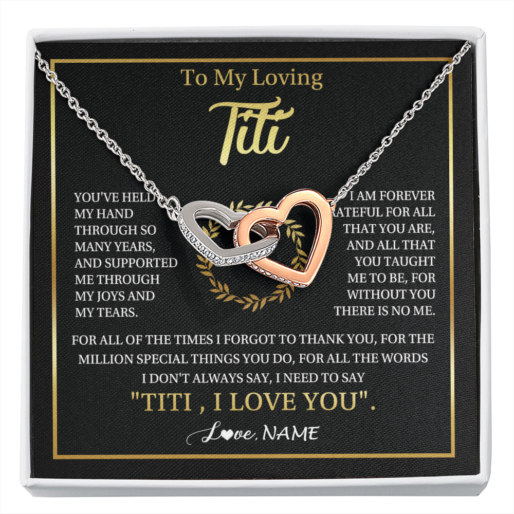 Interlocking Hearts Necklace Stainless Steel & Rose Gold Finish | 1 | Personalized To My Titi Gifts Necklace From Niece Nephew Grateful Thank You Titi Birthday Gifts Mothers Day Jewelry Christmas Customized Gift Box Message | siriusteestore