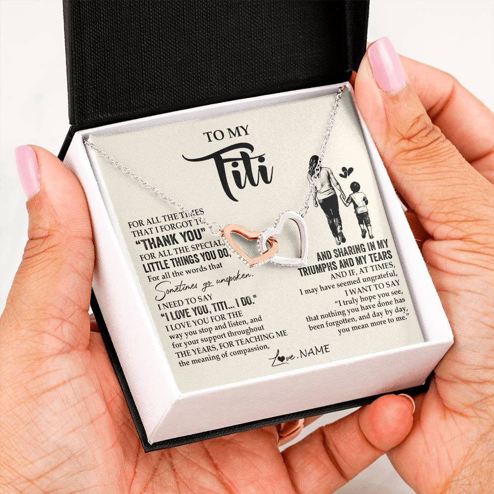 Interlocking Hearts Necklace Stainless Steel & Rose Gold Finish | 2 | Personalized To My Titi Necklace From Nephew For All The Times That I Forgot To Thank You Titi Birthday Mothers Day Christmas Customized Gift Box Message Card | siriusteestore