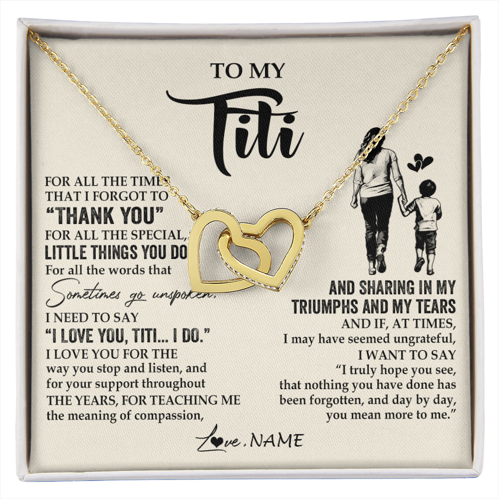 Interlocking Hearts Necklace 18K Yellow Gold Finish | 1 | Personalized To My Titi Necklace From Nephew For All The Times That I Forgot To Thank You Titi Birthday Mothers Day Christmas Customized Gift Box Message Card | siriusteestore
