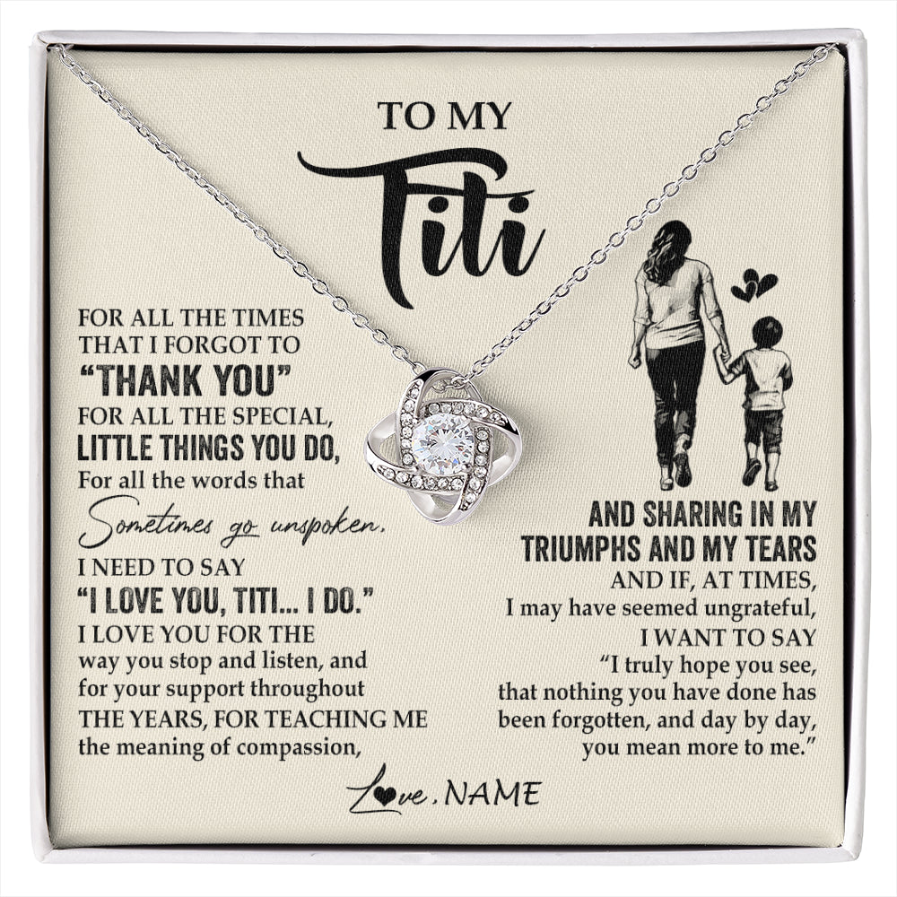 Love Knot Necklace 14K White Gold Finish | 1 | Personalized To My Titi Necklace From Nephew For All The Times That I Forgot To Thank You Titi Birthday Mothers Day Christmas Customized Gift Box Message Card | siriusteestore