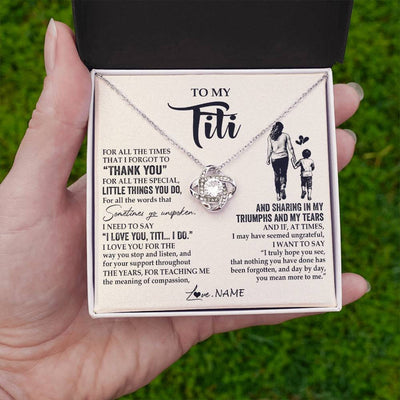 Love Knot Necklace 14K White Gold Finish | 2 | Personalized To My Titi Necklace From Nephew For All The Times That I Forgot To Thank You Titi Birthday Mothers Day Christmas Customized Gift Box Message Card | siriusteestore