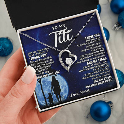 Forever Love Necklace 14K White Gold Finish | 2 | Personalized To My Titi Necklace From Nephew Niece Thank You Grateful Love Titi Birthday Gifts Mothers Day Jewelry Christmas Customized Gift Box Message Card | siriusteestore