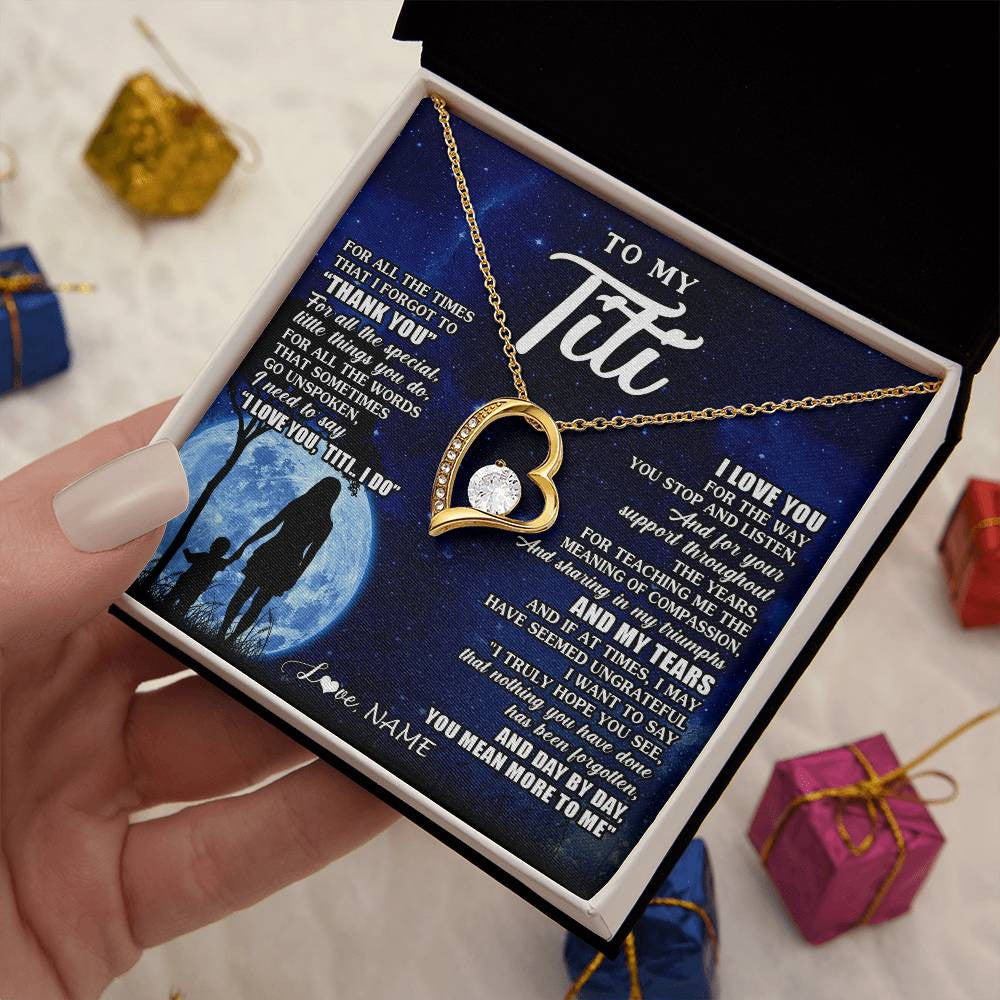 Forever Love Necklace 18K Yellow Gold Finish | 2 | Personalized To My Titi Necklace From Nephew Niece Thank You Grateful Love Titi Birthday Gifts Mothers Day Jewelry Christmas Customized Gift Box Message Card | siriusteestore