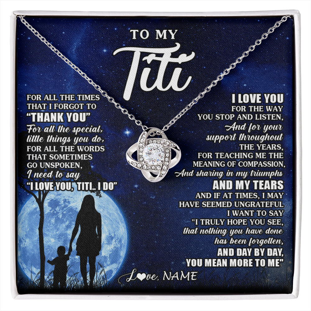 Love Knot Necklace 14K White Gold Finish | 1 | Personalized To My Titi Necklace From Nephew Niece Thank You Grateful Love Titi Birthday Gifts Mothers Day Jewelry Christmas Customized Gift Box Message Card | siriusteestore