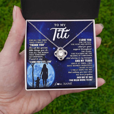 Love Knot Necklace 14K White Gold Finish | 2 | Personalized To My Titi Necklace From Nephew Niece Thank You Grateful Love Titi Birthday Gifts Mothers Day Jewelry Christmas Customized Gift Box Message Card | siriusteestore