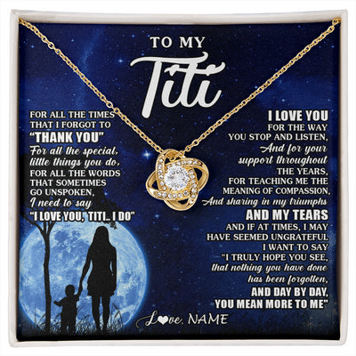 Love Knot Necklace 18K Yellow Gold Finish | 1 | Personalized To My Titi Necklace From Nephew Niece Thank You Grateful Love Titi Birthday Gifts Mothers Day Jewelry Christmas Customized Gift Box Message Card | siriusteestore