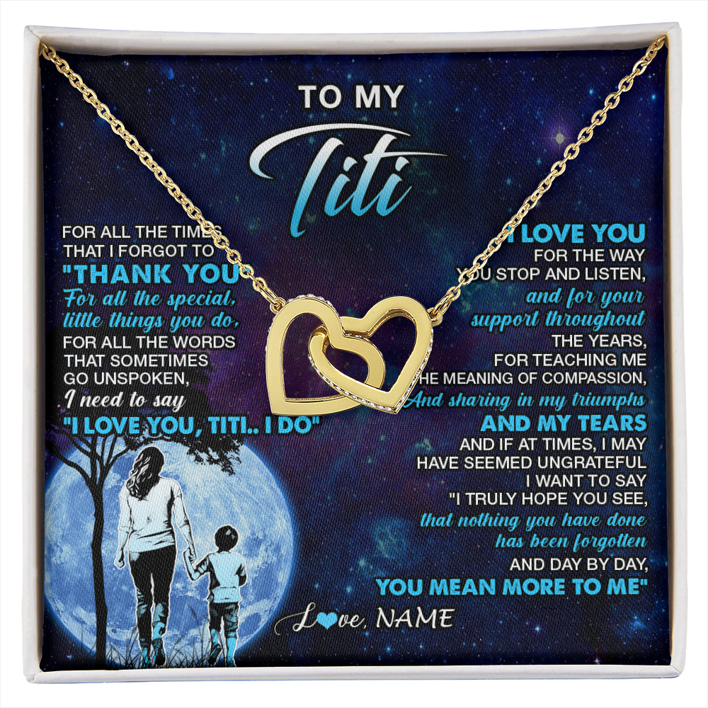 Interlocking Hearts Necklace 18K Yellow Gold Finish | 1 | Personalized To My Titi Necklace From Nephew Thank You Day By Day Titi Birthday Gifts Mothers Day Christmas Customized Gift Box Message Card | siriusteestore