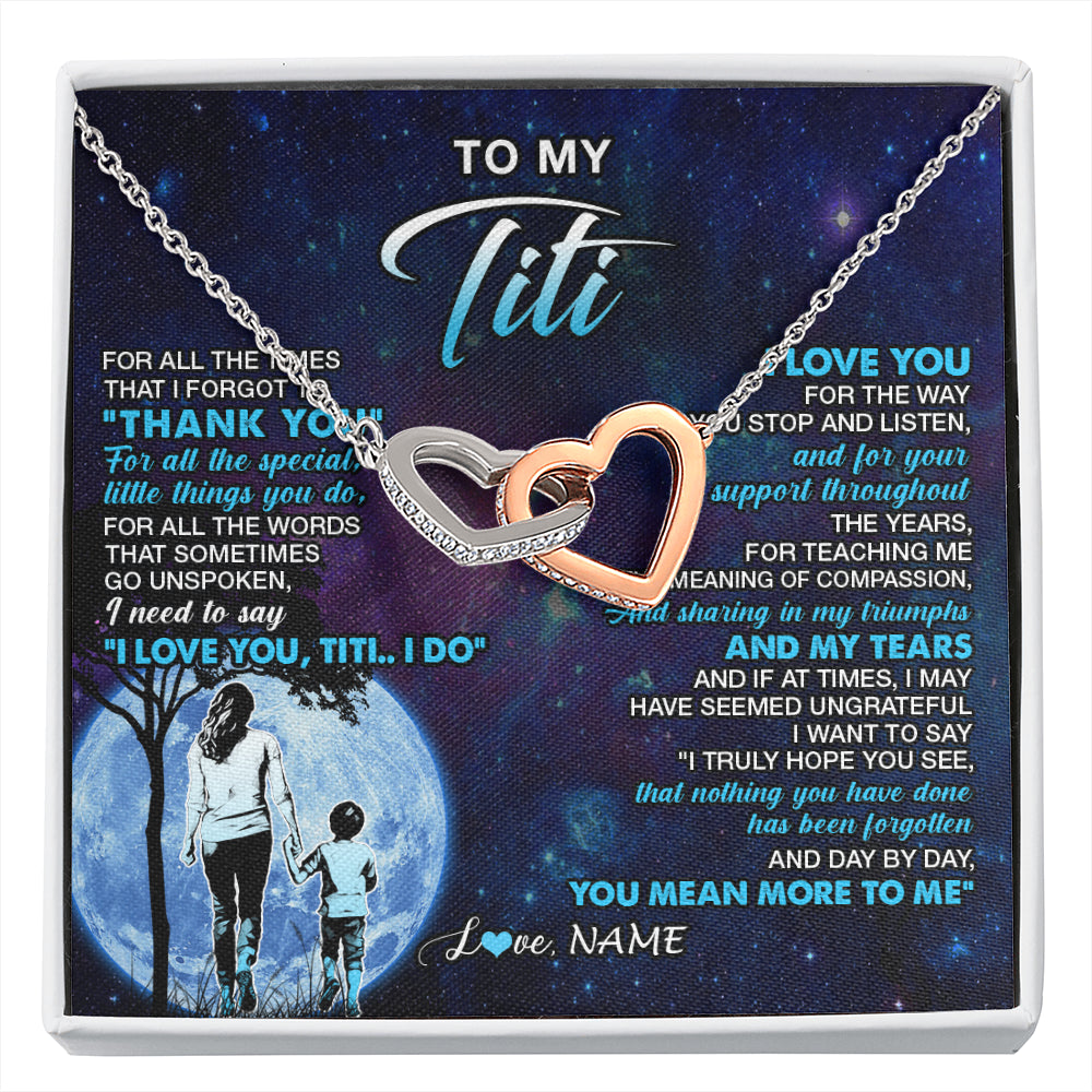 Interlocking Hearts Necklace Stainless Steel & Rose Gold Finish | 1 | Personalized To My Titi Necklace From Nephew Thank You Day By Day Titi Birthday Gifts Mothers Day Christmas Customized Gift Box Message Card | siriusteestore