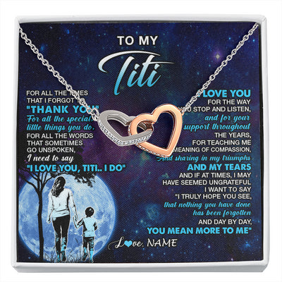 Interlocking Hearts Necklace Stainless Steel & Rose Gold Finish | 1 | Personalized To My Titi Necklace From Nephew Thank You Day By Day Titi Birthday Gifts Mothers Day Christmas Customized Gift Box Message Card | siriusteestore