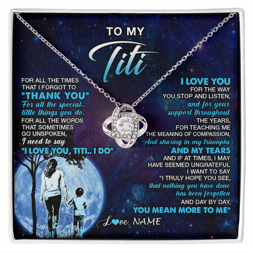 Love Knot Necklace 14K White Gold Finish | 1 | Personalized To My Titi Necklace From Nephew Thank You Day By Day Titi Birthday Gifts Mothers Day Christmas Customized Gift Box Message Card | siriusteestore