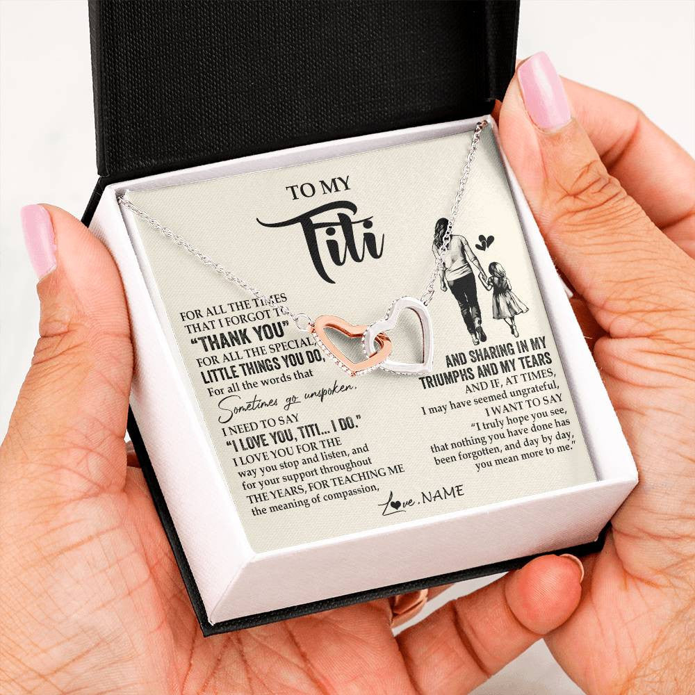 Interlocking Hearts Necklace Stainless Steel & Rose Gold Finish | 2 | Personalized To My Titi Necklace From Niece For All The Times That I Forgot To Thank You Titi Birthday Mothers Day Christmas Customized Gift Box Message Card | siriusteestore