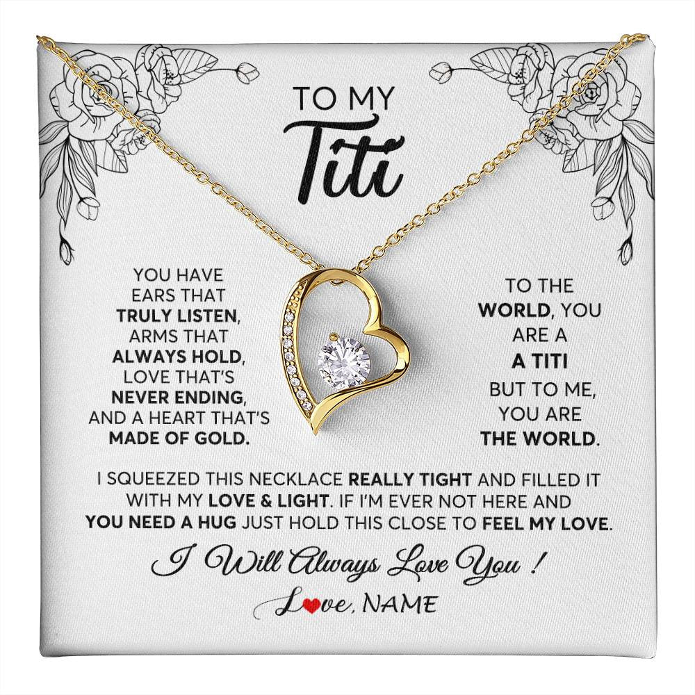 Forever Love Necklace 18K Yellow Gold Finish | 1 | Personalized To My Titi Necklace From Niece Nephew Hold This Close Feel My Love Titi Birthday Mothers Day Christmas Jewelry Customized Gift Box Message Card | siriusteestore