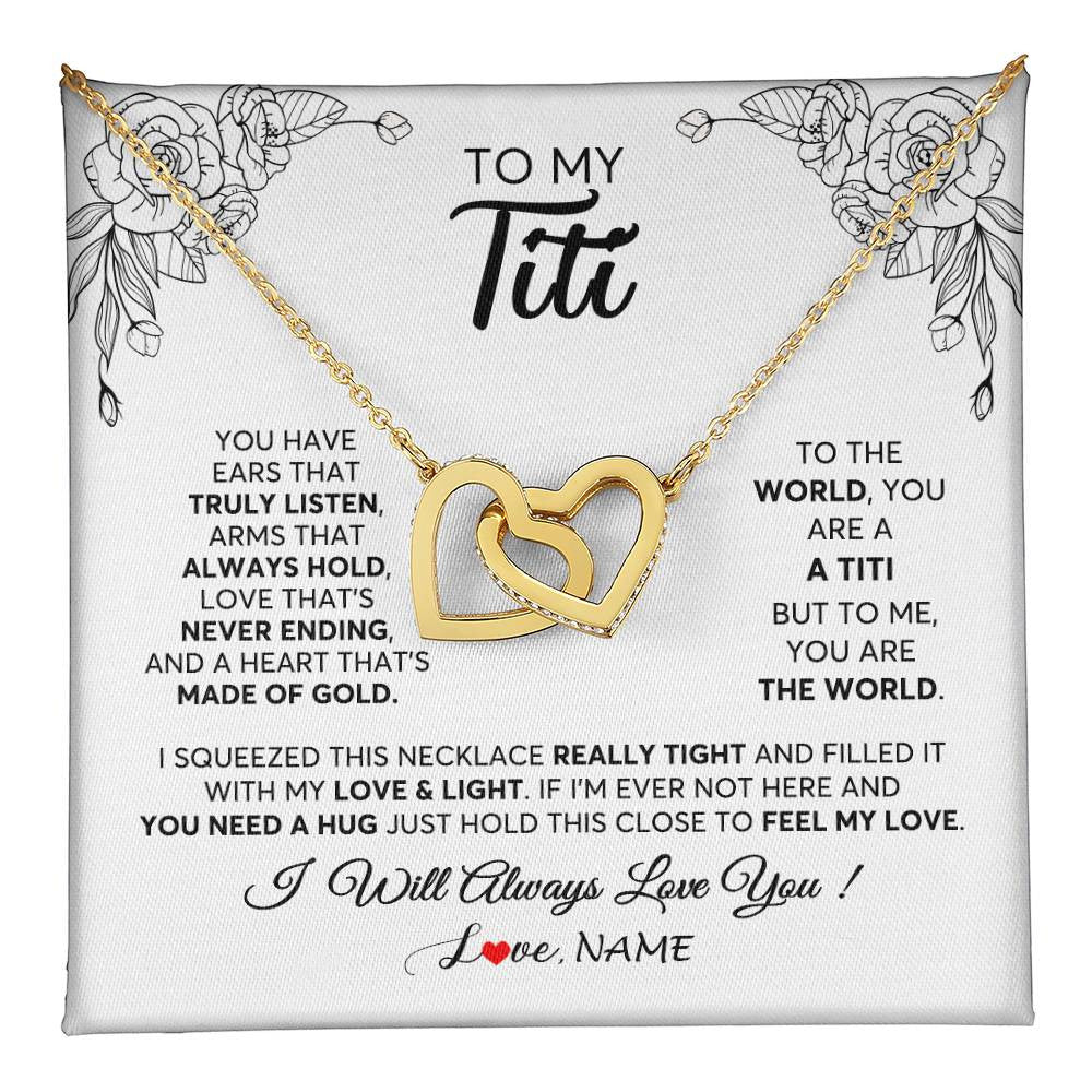 Interlocking Hearts Necklace 18K Yellow Gold Finish | 1 | Personalized To My Titi Necklace From Niece Nephew Hold This Close Feel My Love Titi Birthday Mothers Day Christmas Jewelry Customized Gift Box Message Card | siriusteestore